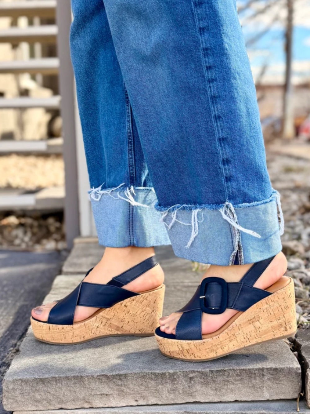 Cordani Dustin Cork Buckle Wedge in Navy